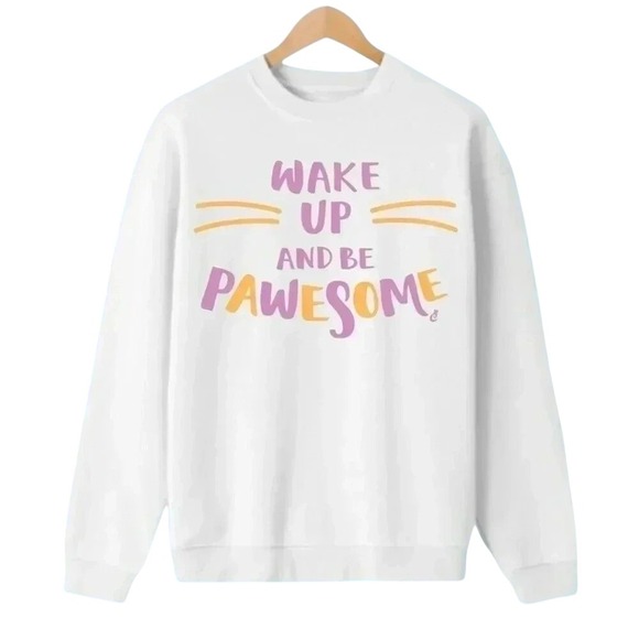 Wake Up Pawsome Crewneck  Medium Sweatshirt White Cat Lover Cute Graphic Top - Picture 1 of 3